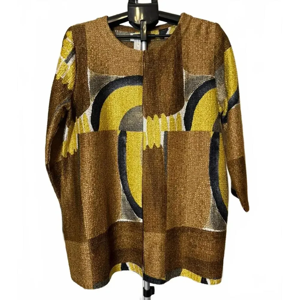 CHICOS CAMI & JACKET TWINSET 2 ABSTRACT BROWN & GOLD BLOUSE 3/4 SLEEVE 12 L NWOT - Picture 2 of 8